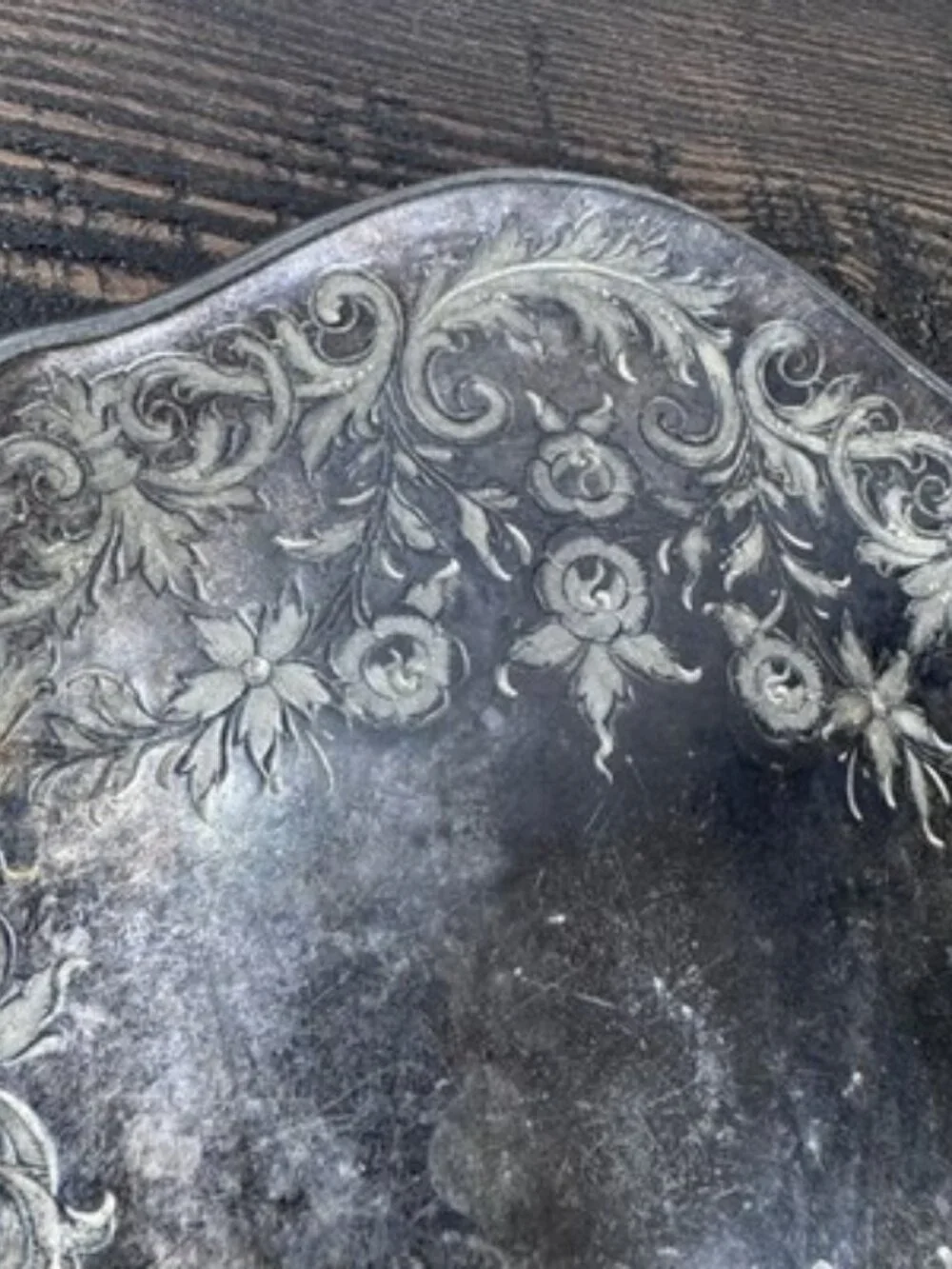 Vintage Handheld Vanity Mirror Floral Etched Metal Frame Tarnished Silver